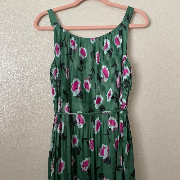 Anthropologie Dress Womens XS Green Pink Mini Satin Floral Pleated Tank Boho‎ - Picture 9 of 13